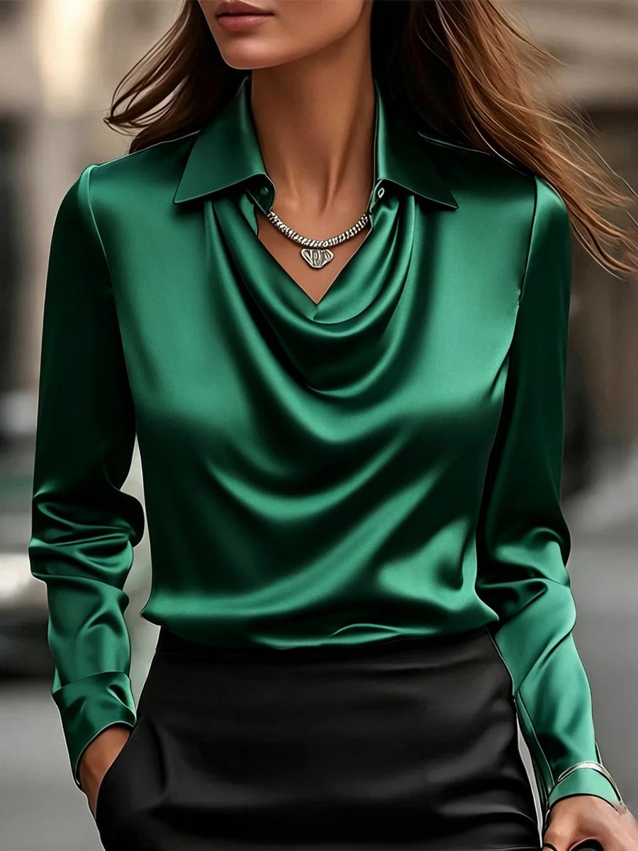 Satin V-Neck Blouse – Long Sleeve Loose Faux-Silk Shirt