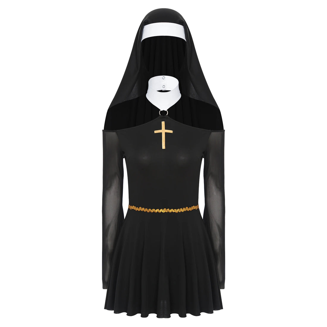 Womens Naughty Nun Evil Cosplay Costume And Coif O-ring Mesh Culottes Gothic Nun Maid Dress with Headscarf for Halloween Party