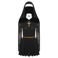 Womens Naughty Nun Evil Cosplay Costume And Coif O-ring Mesh Culottes Gothic Nun Maid Dress with Headscarf for Halloween Party