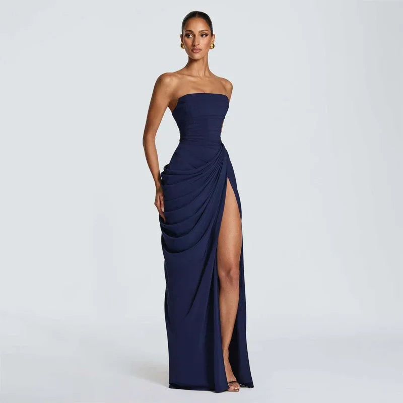 The Pleated Strapless Split Maxi Gown