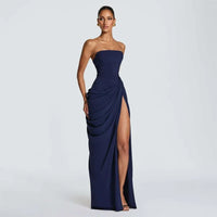 The Pleated Strapless Split Maxi Gown
