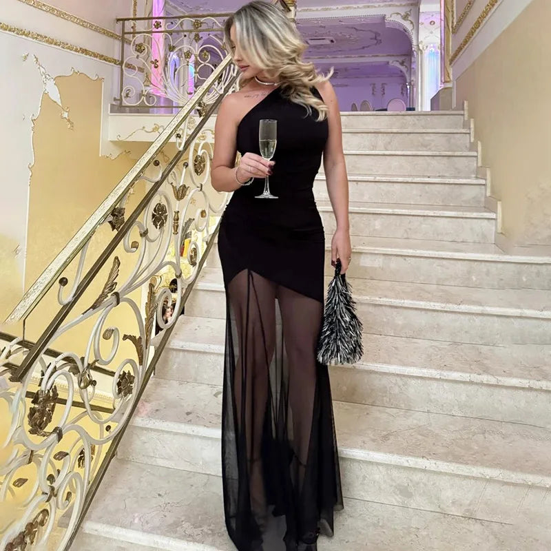 Ticketsx Off Shoulder See Through Dress Solid High Waist Patchwork Backless Slim Long Dress Women Vacation Party Evening Dresses