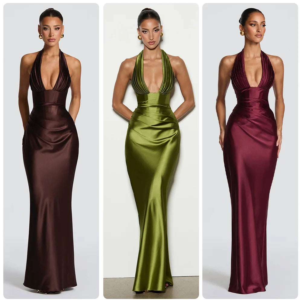 Olive Satin Plunge Halter Maxi Gown – Green Evening Dress