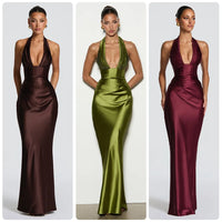 Olive Satin Plunge Halter Maxi Gown – Green Evening Dress