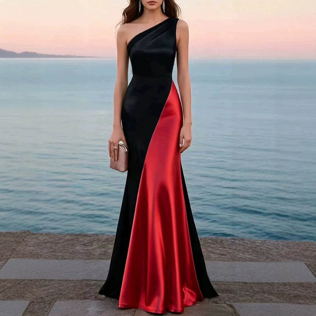 One-Shoulder Satin Mermaid Gown – Colour-Block Bodycon Dress
