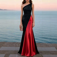 One-Shoulder Satin Mermaid Gown – Colour-Block Bodycon Dress