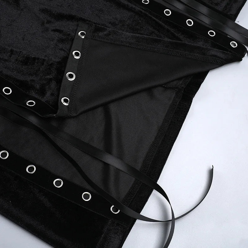 Goth Dark Punk Grunge High Split Hem Straps Dess 90s Streetwear Gown Women Sexy Corn Bandage Velvet Dresses Mall Gothic Clothing
