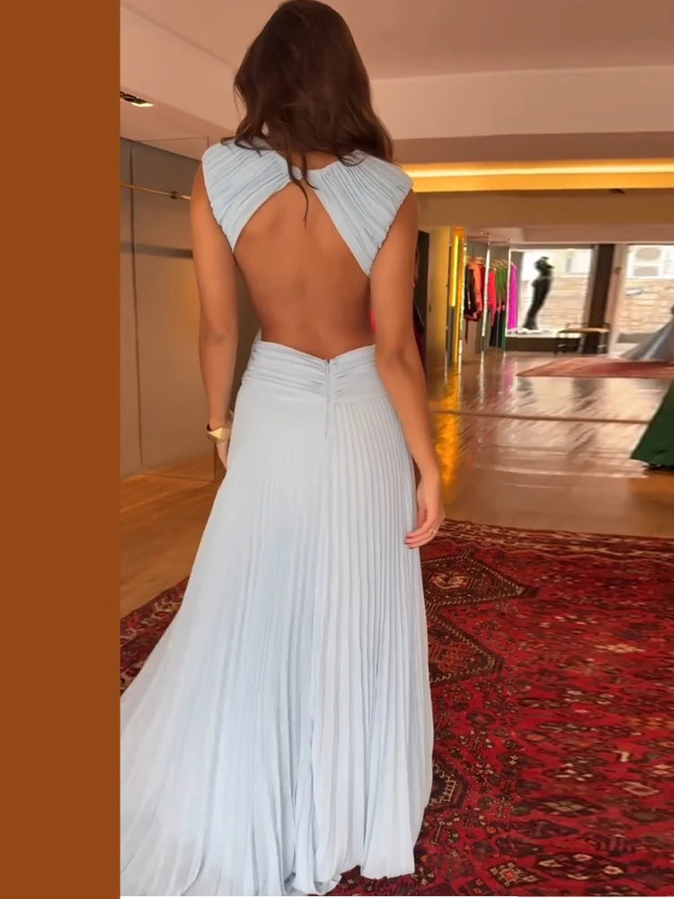 Pleated Cut-Out Maxi Dress – Sleeveless Backless Beach Dress