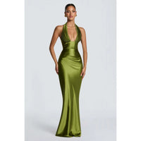 Olive Satin Plunge Halter Maxi Gown – Green Evening Dress