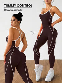 Contrast-Piping Open-Back Yoga Jumpsuit