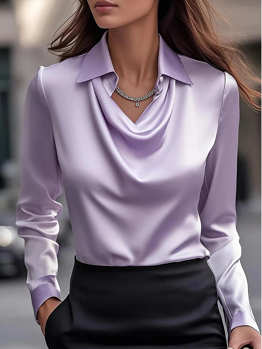 Satin V-Neck Blouse – Long Sleeve Loose Faux-Silk Shirt