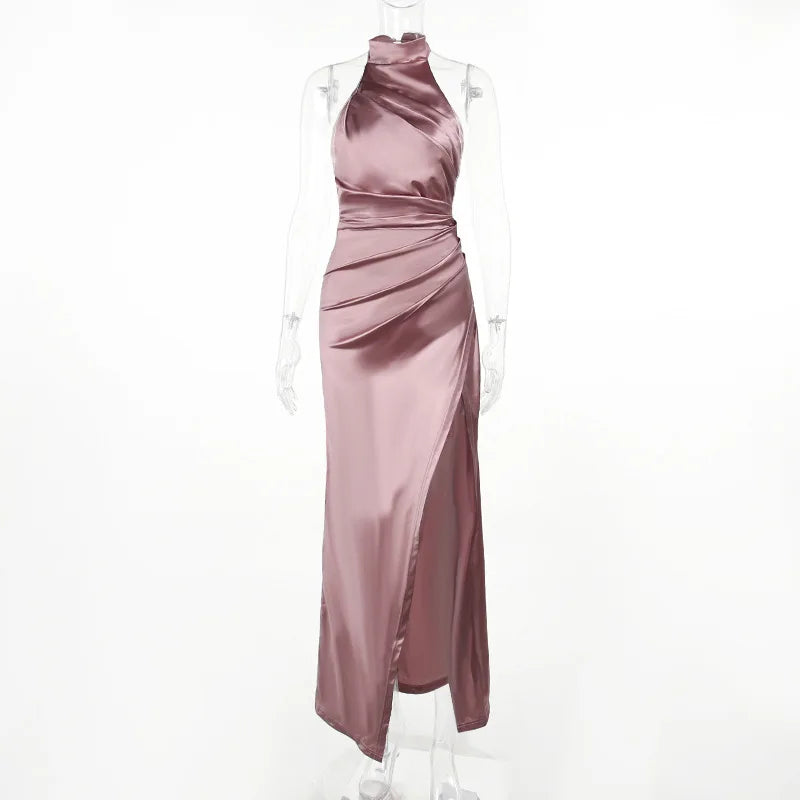 Retro Satin Halter Maxi Dress – High-Slit Waist-Cinching Gown
