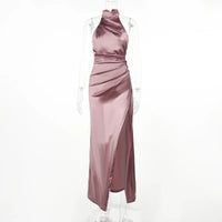 Retro Satin Halter Maxi Dress – High-Slit Waist-Cinching Gown