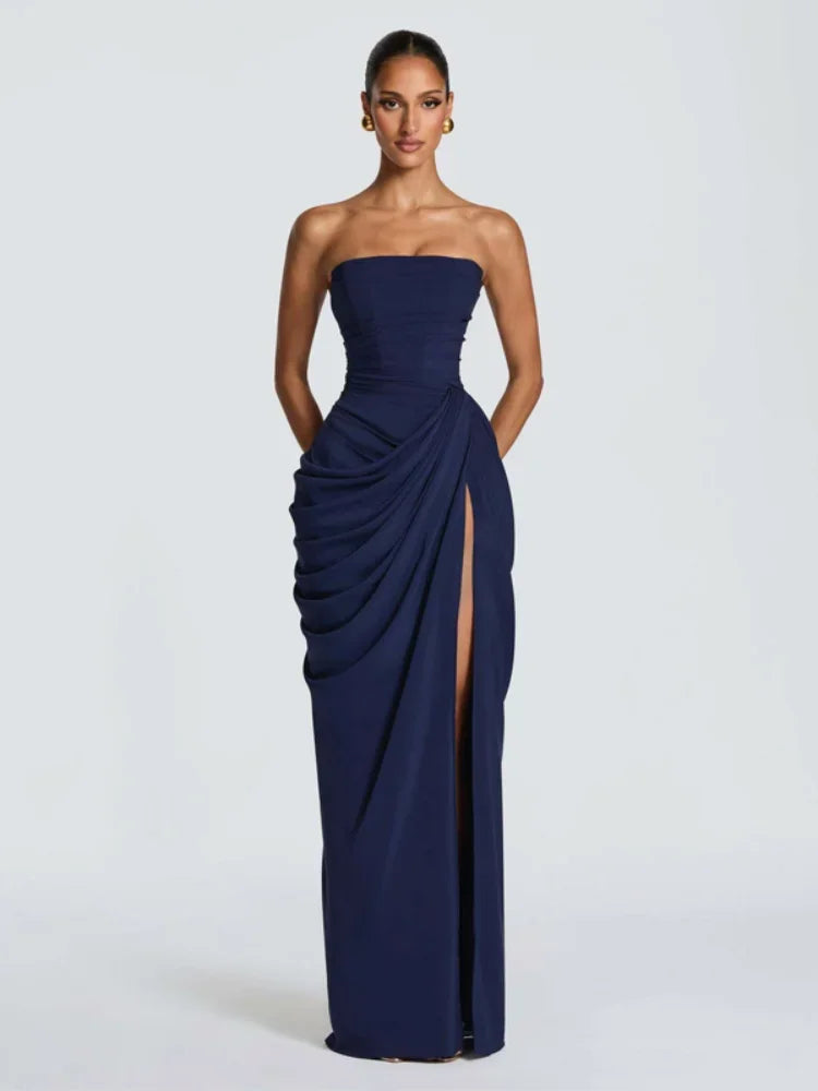 The Pleated Strapless Split Maxi Gown