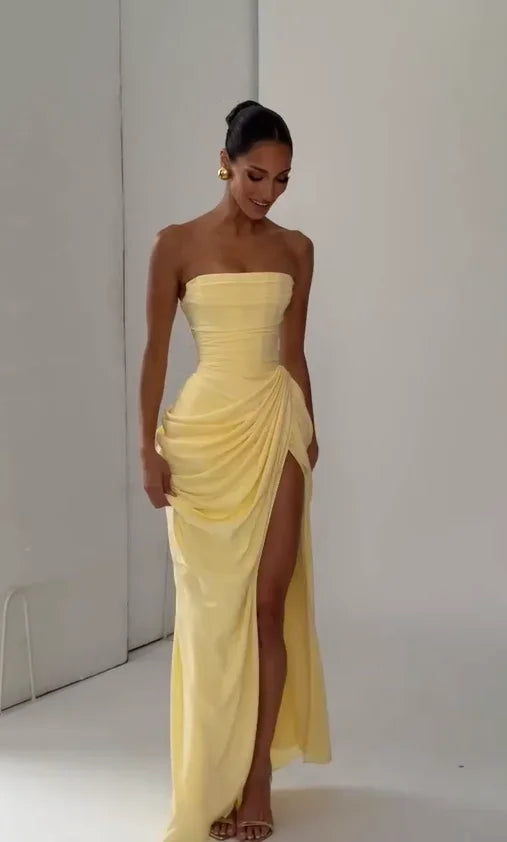 The Pleated Strapless Split Maxi Gown