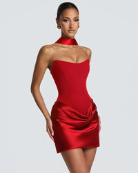 Red Strapless Corset Satin Mini Dress with Choker