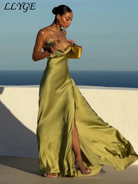 Elegant Satin Ribbon Backless Women's Long Dress Pleated V-neck Slit Beach Party Dresses 2026 Summer Lady Solid Evening Robes