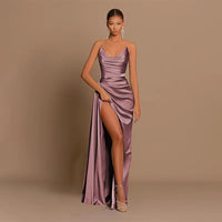 Satin Spaghetti Strap Maxi Dress – V-Neck Ruched High-Slit Gown