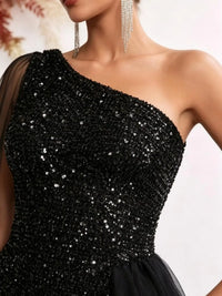 One-Shoulder Sequin Mermaid Gown – Tulle Panel Evening Dress