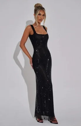 Square-Neck Mesh Sequin Mini Dress – Glitter Cocktail Dress