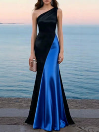 One-Shoulder Satin Mermaid Gown – Colour-Block Bodycon Dress
