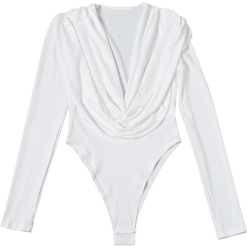 SIsterlinda Swing Collar Bodysuits Woman Elegant Deep V-Neck Ruched Full Sleeve Skinny Stretch Basic Wild Spring Trend Body Tops
