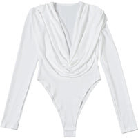 SIsterlinda Swing Collar Bodysuits Woman Elegant Deep V-Neck Ruched Full Sleeve Skinny Stretch Basic Wild Spring Trend Body Tops
