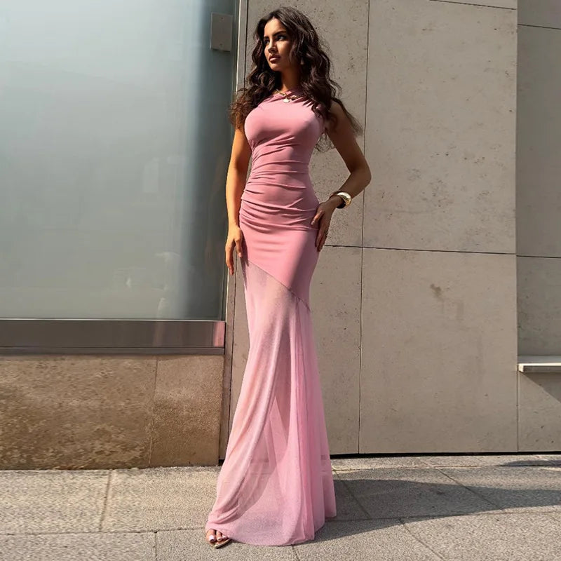 Ticketsx Off Shoulder See Through Dress Solid High Waist Patchwork Backless Slim Long Dress Women Vacation Party Evening Dresses