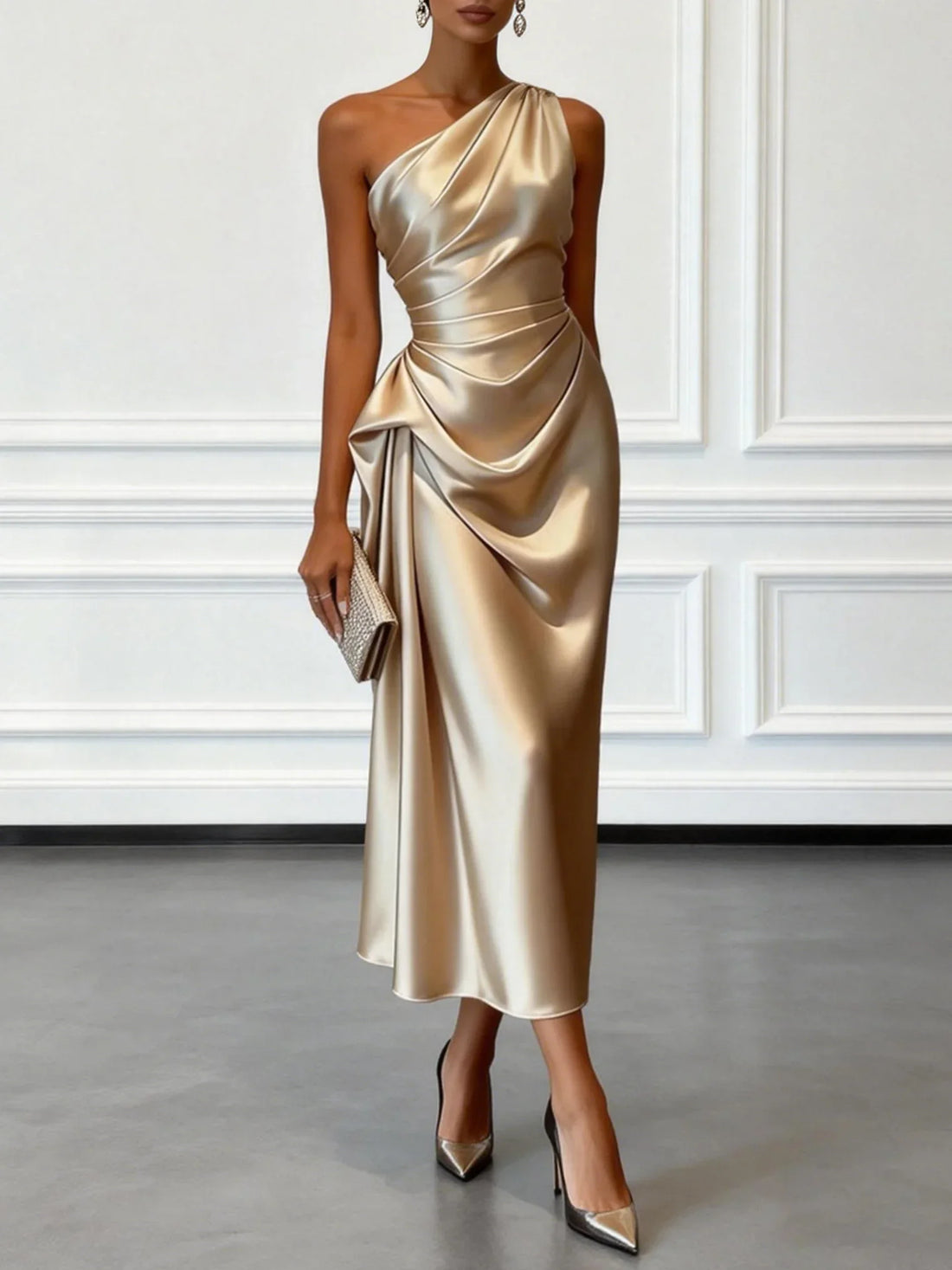 One-Shoulder Satin Ruched Midi Dress – Cocktail & Formal Dress