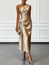One-Shoulder Satin Ruched Midi Dress – Cocktail & Formal Dress