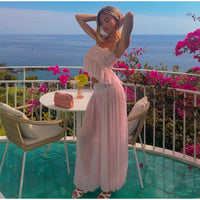 Women's Sheer Lace Backless Spaghetti Strap Top & Wide-Leg Pant Set – Beach Chic 2-Piece Suit