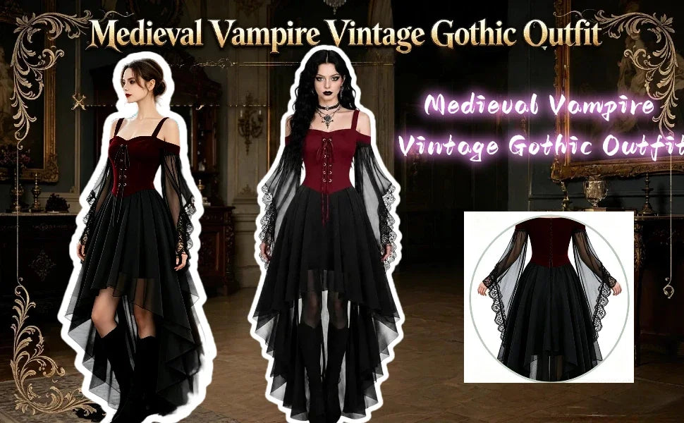Women Medieval Gothic Vampire Witch Costume Butterfly Mesh Long Sleeve Irregular Hem Dress, For Halloween Carnival Theme Party