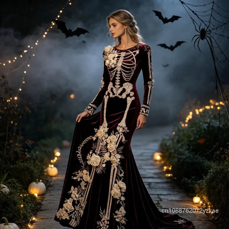 Halloween White Bone Skeleton Embroidered Long Sleeved Dress Dark Rose Printing Flower Slimming Holiday Party Dress 2026