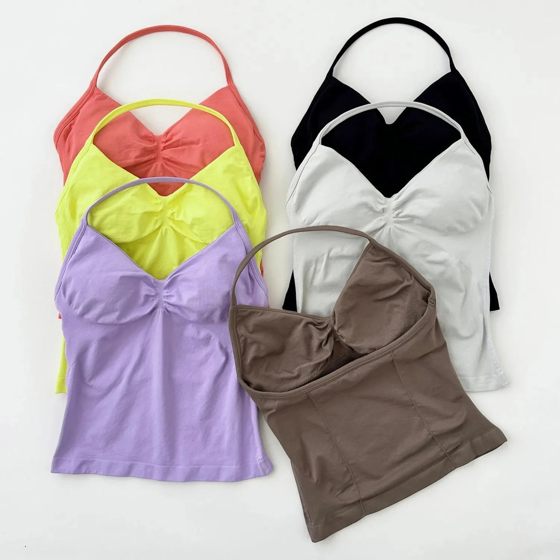 No Logo Seamless Longline Strappy Gym Top Backless Gym Clothes Women Scrunch Built-in Bra With Removable Cups Yoga Tank Tops