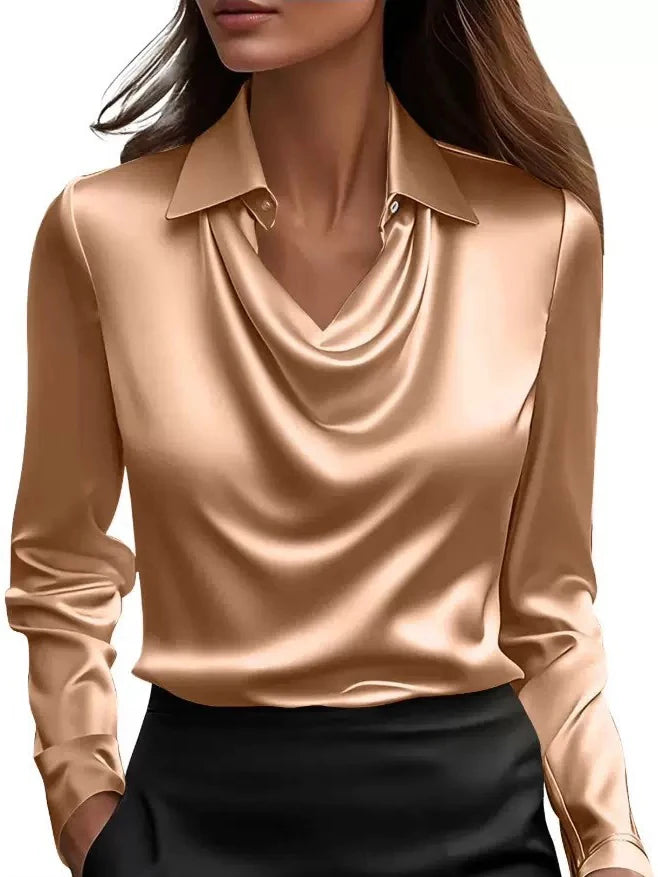 Satin V-Neck Blouse – Long Sleeve Loose Faux-Silk Shirt