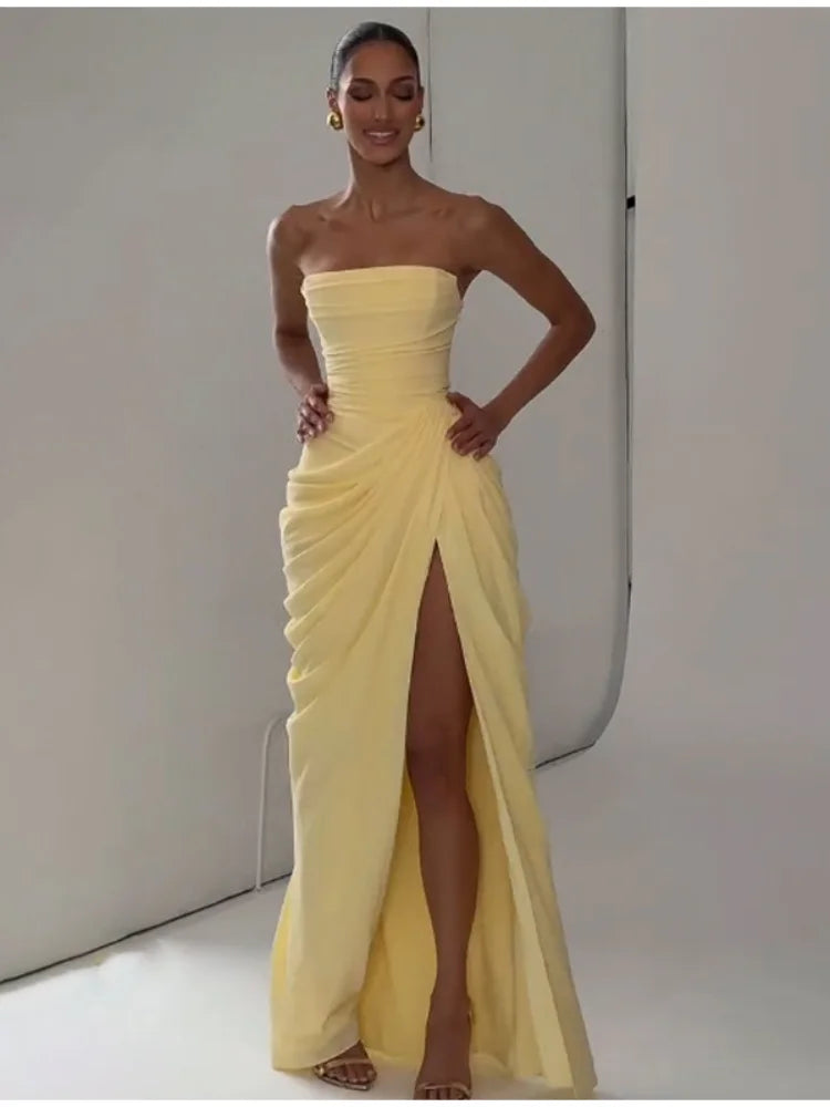 The Pleated Strapless Split Maxi Gown