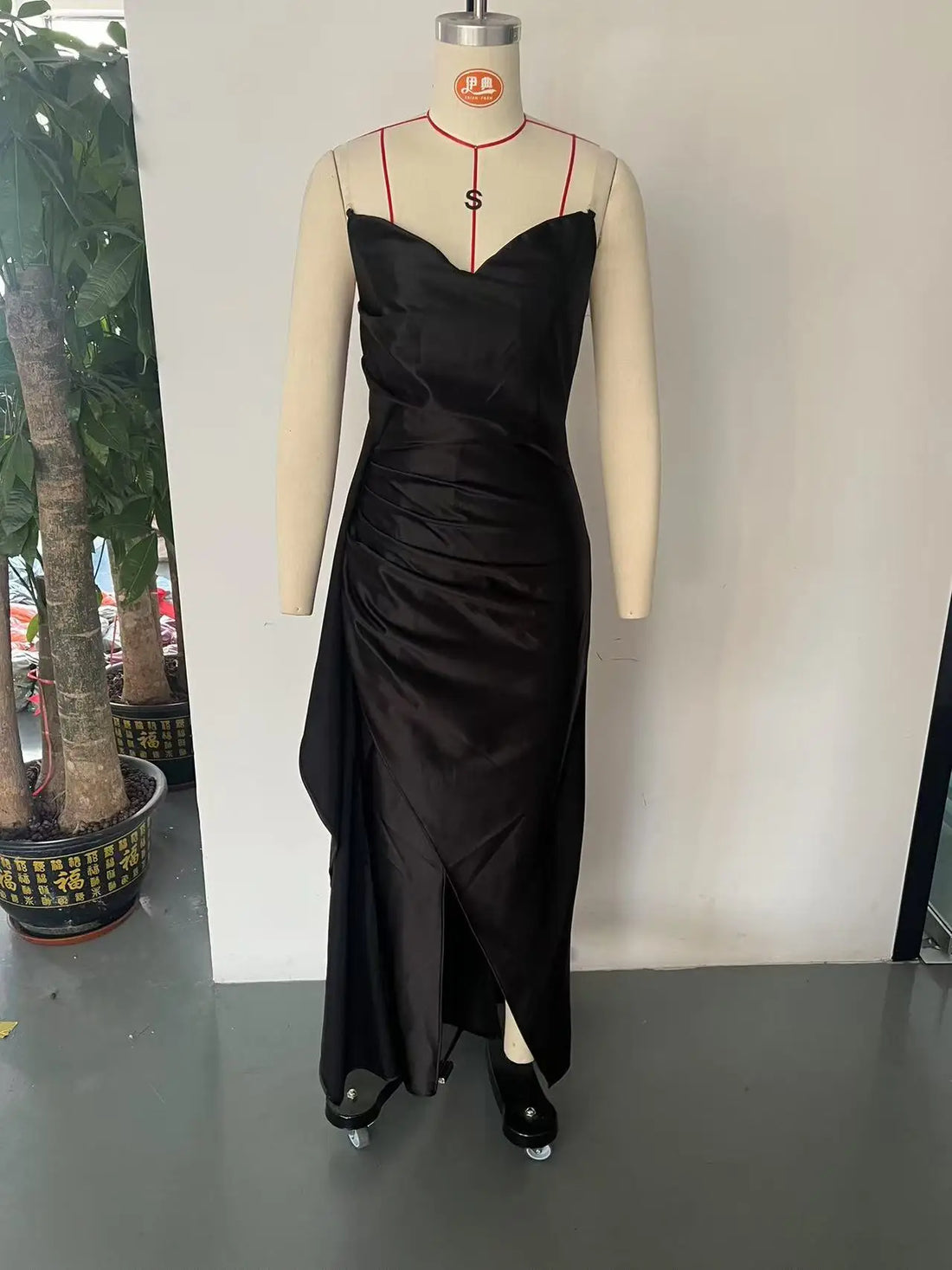 Satin Spaghetti Strap Maxi Dress – V-Neck Ruched High-Slit Gown