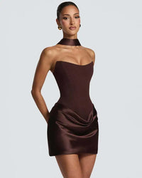 Red Strapless Corset Satin Mini Dress with Choker
