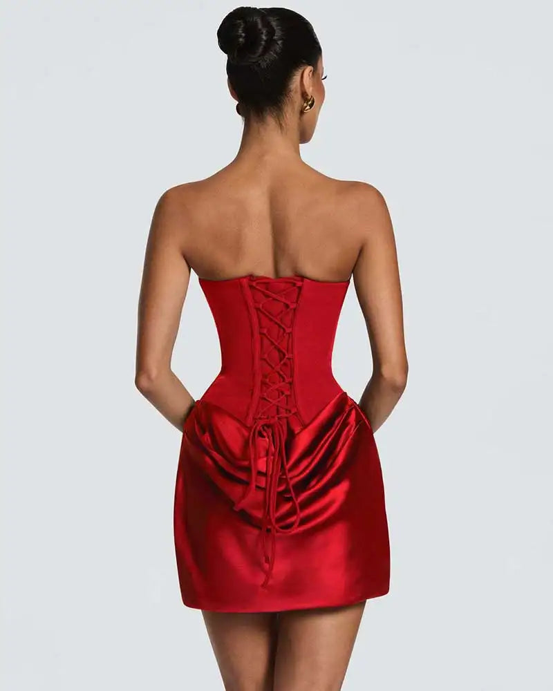 Red Strapless Corset Satin Mini Dress with Choker