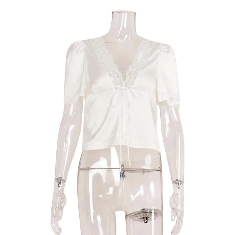 Lace-Trim Satin V-Neck Top