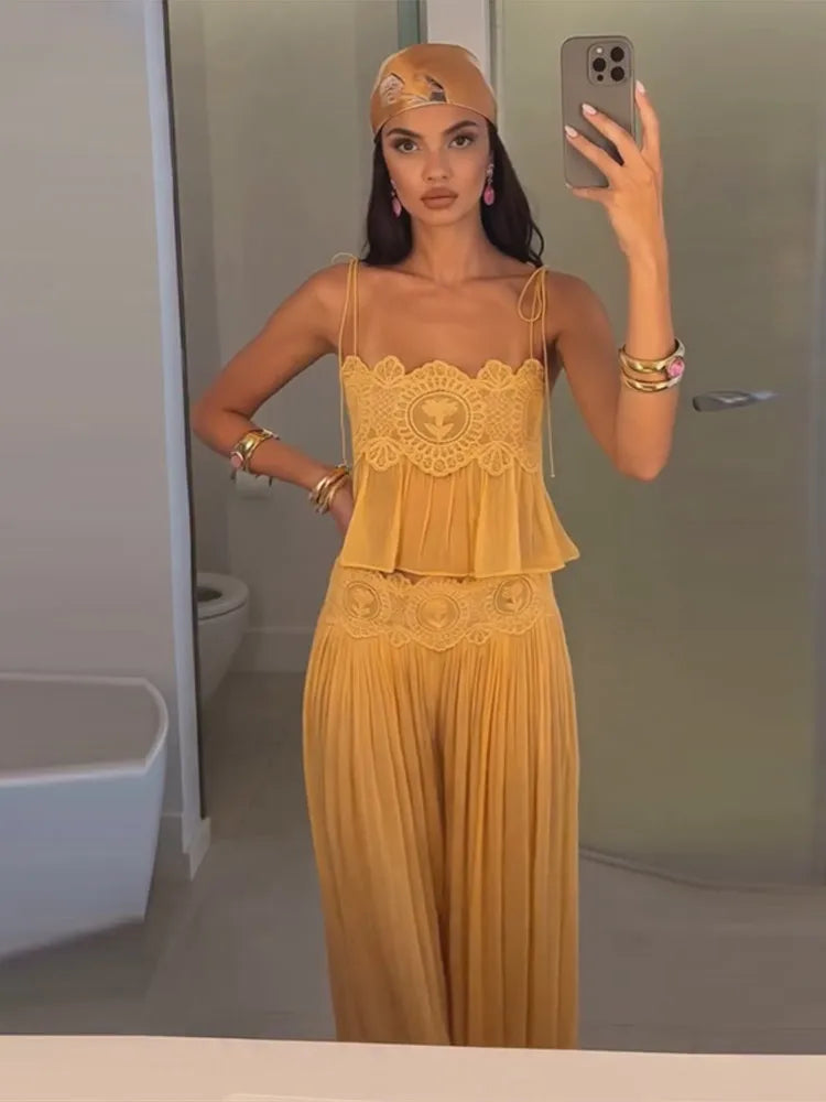 Women's Sheer Lace Backless Spaghetti Strap Top & Wide-Leg Pant Set – Beach Chic 2-Piece Suit