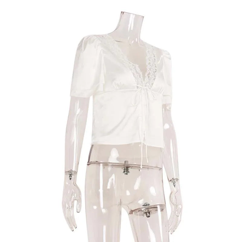 Lace-Trim Satin V-Neck Top