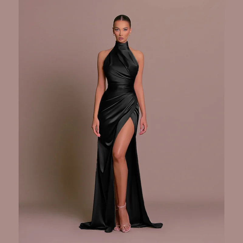 Retro Satin Halter Maxi Dress – High-Slit Waist-Cinching Gown