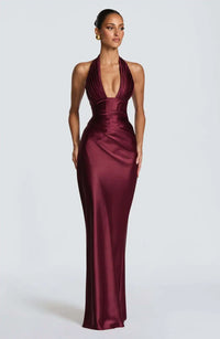 Olive Satin Plunge Halter Maxi Gown – Green Evening Dress