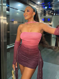 kliou Mesh Simple Women Mini Dress Fashion Solid Strapless Ribbons Tassel Body-shaping Vestidos+Seperately Full Sleeve Gloves