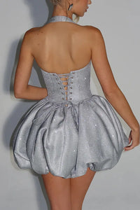 Silver Glitter Halter Bubble Hem Mini Dress – Holiday Party Dress