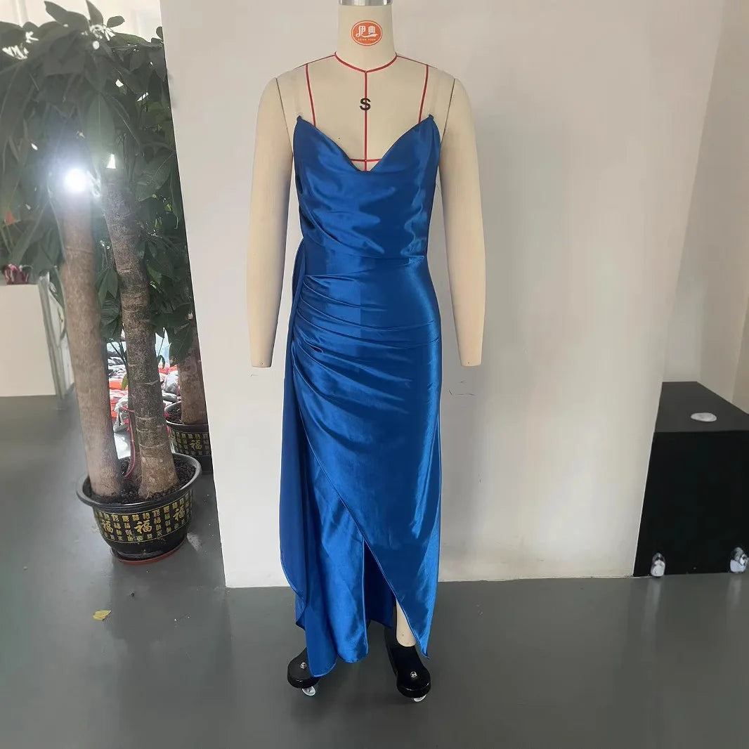 Back view of the satin V-neck maxi evening gown