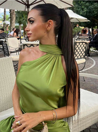 Sexy Satin Ribbon Party Dress Women Elegant Halter Backless Off Shoulder Sleeveless Female Dresses 2024 Summer Solid Robe Gown