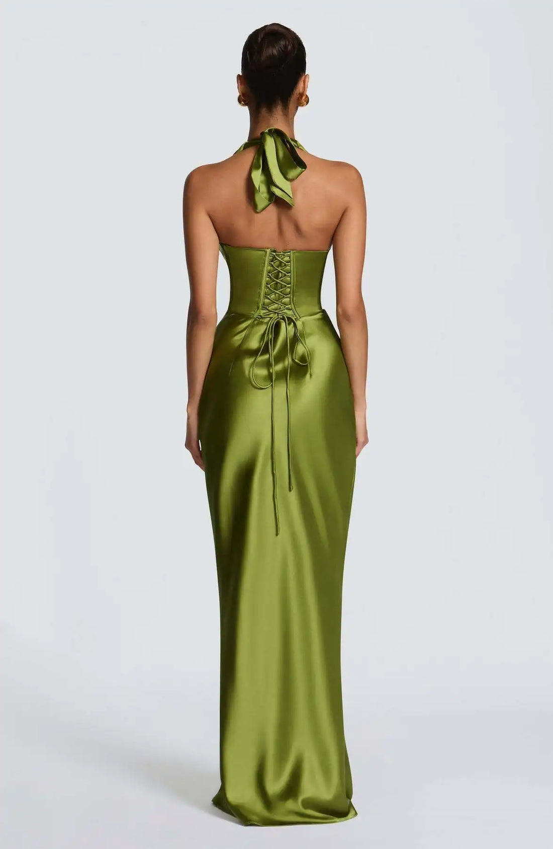 Olive Satin Plunge Halter Maxi Gown – Green Evening Dress