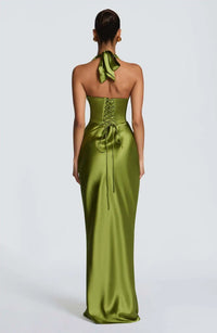 Olive Satin Plunge Halter Maxi Gown – Green Evening Dress